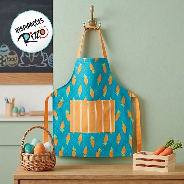 Avental Escolar de Páscoa - Azul e Laranja com Cenouras - 40x45cm - 1 unidade - Cromus - Rizzo