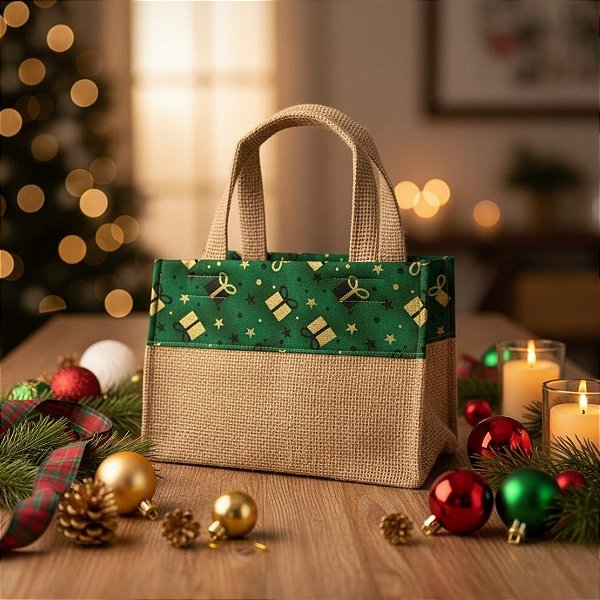 Sacola de Juta de Natal - Verde Presentes - 24x14x14cm - 1 unidade - EcoArt - Rizzo