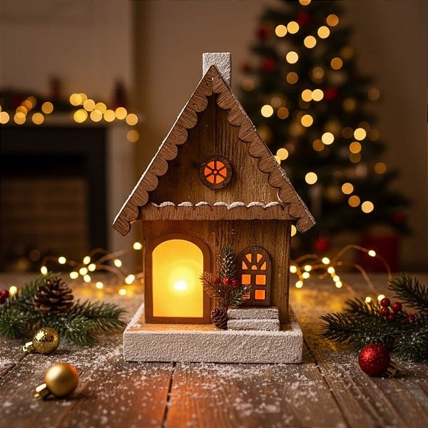 Casinha Decorativa De Natal Com LED - Marrom - 26cm  - 1 unidade - Rizzo