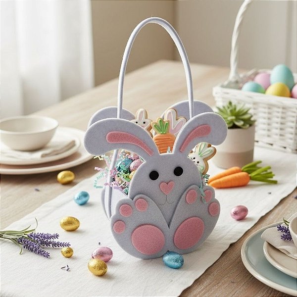 Cesta em Feltro de Páscoa - Coelho Branco - 20cm - 1 unidade - Rizzo
