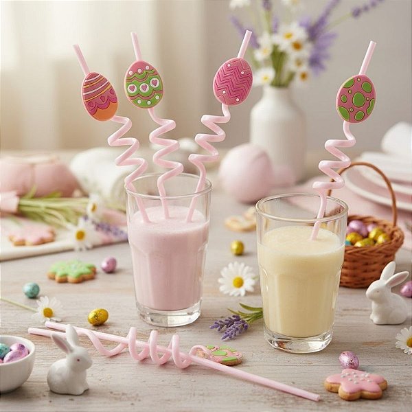 Canudo Espiral Rigido Rosa - Páscoa - 27cm  - 4 unidades - Silver Festas - Rizzo