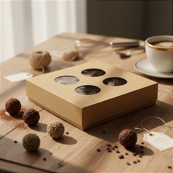 Caixa 4 Doces Quadrada Kraft com Luva Vazada - 9,5x9,5x4cm - 5 unidades - Cromus - Rizzo