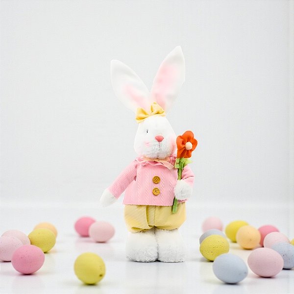 Enfeite Decorativo de Páscoa - Coelha em Pé com Flor - 43x14x8cm - 1 unidade - Cromus - Rizzo