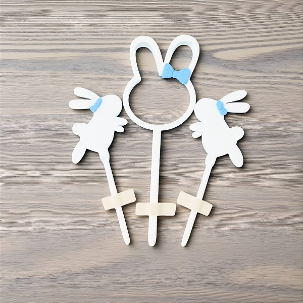 Pick Decorativo de Páscoa - Coelho Branco com Laço Azul - 6,5x20cm - 3 unidades - Rizzo