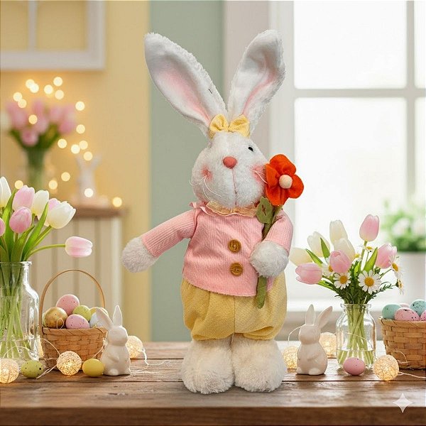 Enfeite Decorativo de Páscoa - Coelho de Roupa com Flor Laranja - 43cm - 1 unidade - Cromus - Rizzo