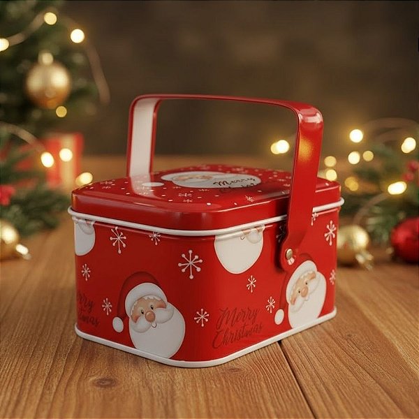 Lata de Metal Retangular Com Alça de Natal - Merry Christmas - 6x10,5x8cm - 1 unidade - Rizzo
