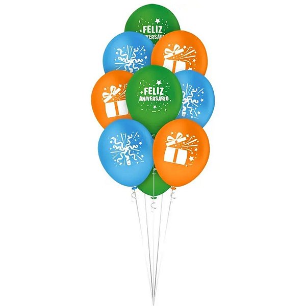 Balão de Festa Decorado 9" 23cm Redono - Feliz Aniversário - 25 unidades - Regina - Rizzo