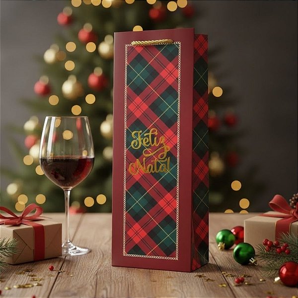 Sacola de Papel Premium Para Garrafa - Feliz Natal - Verde e Vermelho - 12x36x8,5cm - 1 unidade - Rizzo