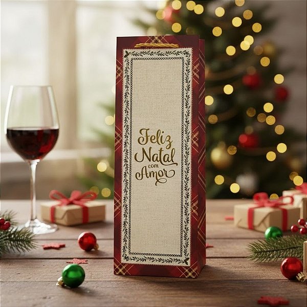 Sacola de Papel Premium Para Garrafa - Feliz Natal com Amor - 12x36x8,5cm - 1 unidade - Rizzo