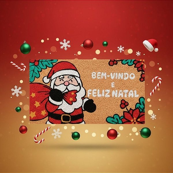 Capacho De Fibra - Papai Noel - Bem-Vindo e Feliz Natal - 33x60cm - 1 unidade - Rizzo