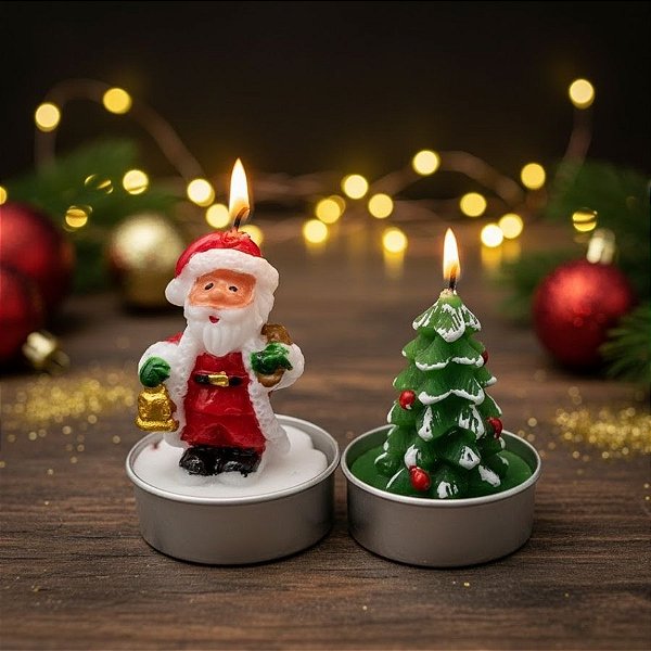 Velas Decorativa de Natal - Dupla Natalina Papai Noel e Pinheiro - 6x5cm - 1 unidade - Rizzo