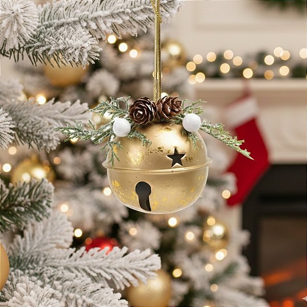 Enfeite Para Pendurar de Natal - Guizo Ouro com Arranjo - 8x7x7cm - 1 unidade - Cromus - Rizzo