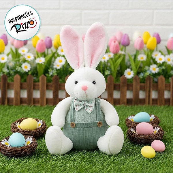 Coelho Decorativo de Páscoa - Suspensório e Gravata Verde - 23x15x33cm - 1 unidade - Cromus - Rizzo