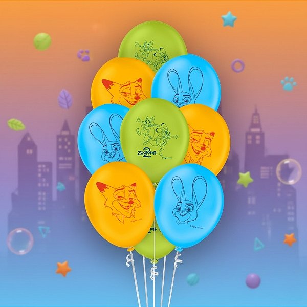 Balão de Festa Decorado 9" 23cm - Zootopia 2 - 25 unidades - Disney Original - Rizzo