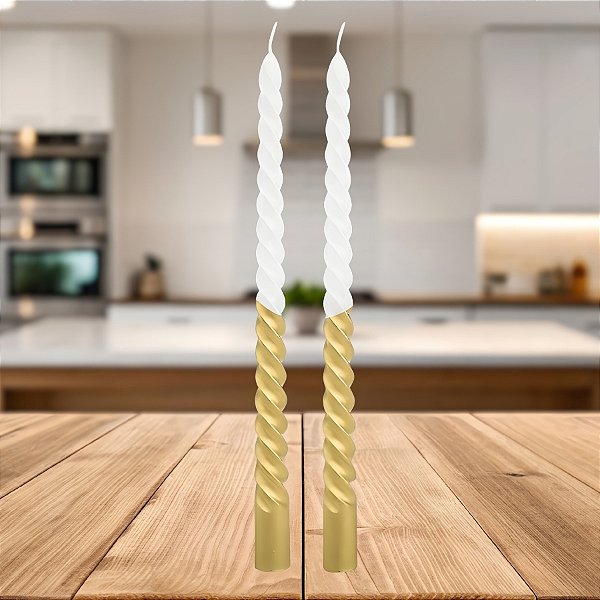 Vela Banquete - Espiral Ouro e branco - 24cm - 2 unidades - Rizzo