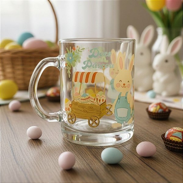 Caneca de Vidro - Coelho com Carrinho de Ovos - Feliz Páscoa - 320ml  - 1 unidade - Rizzo