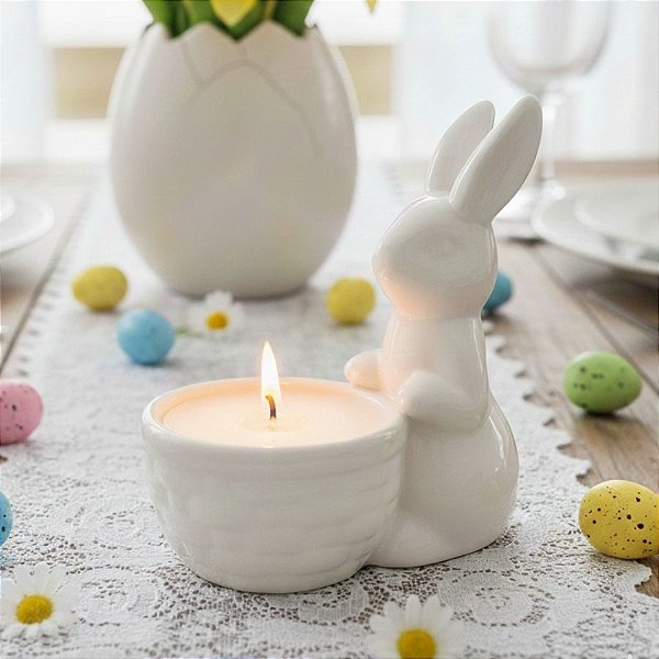 Enfeite Decorativo Páscoa em Cerâmica - Coelho com Cesta - Branco - 12x6,8cm - 1 unidade - Rizzo