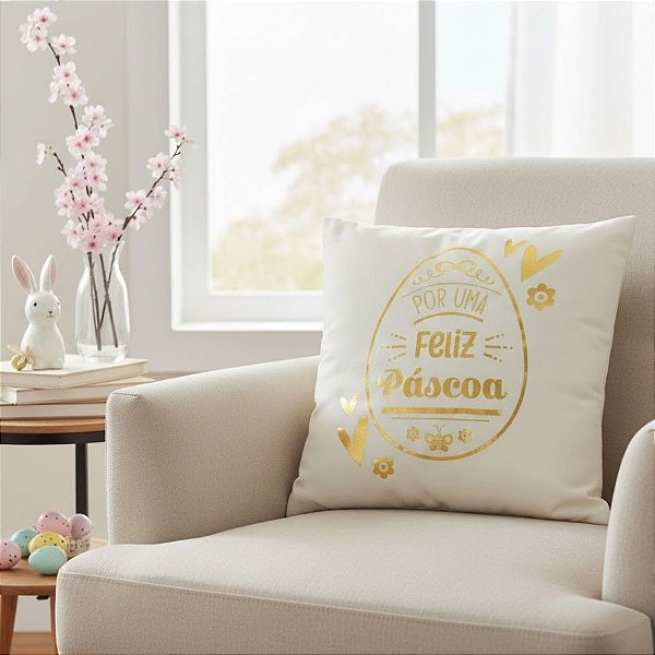 Capa para Almofada de Páscoa - Por Uma Feliz Páscoa - Creme e Dourado - 43x43cm - 1 unidade - Rizzo