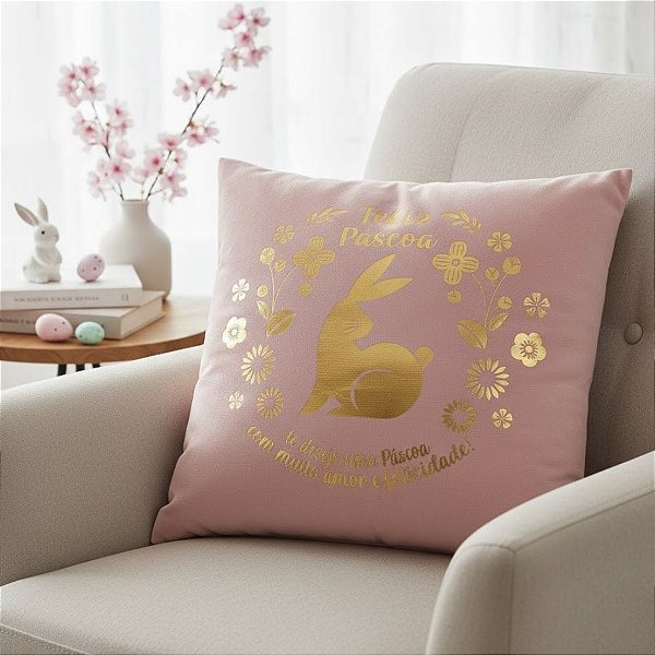 Capa para Almofada de Páscoa - Feliz Páscoa - Rosê e Dourado - 43x43cm - 1 unidade - Rizzo