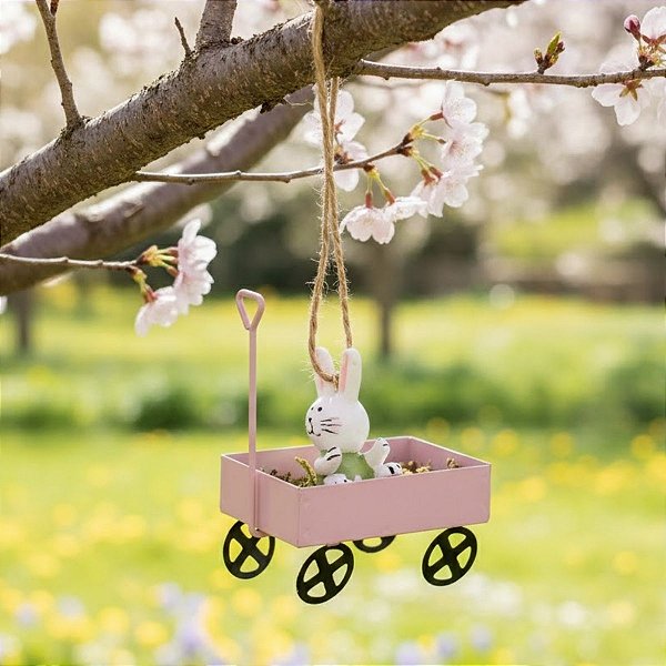 Enfeite Para Pendurar de Páscoa - Carrinho de Mão Rosa com Coelho - 8,5x6x4cm - 1 unidade - Cromus - Rizzo
