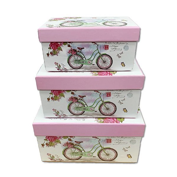 Kit Caixa Presente Bicicleta com Flores - 15,5x11x8cm - 3 Unidades - Rizzo Festas
