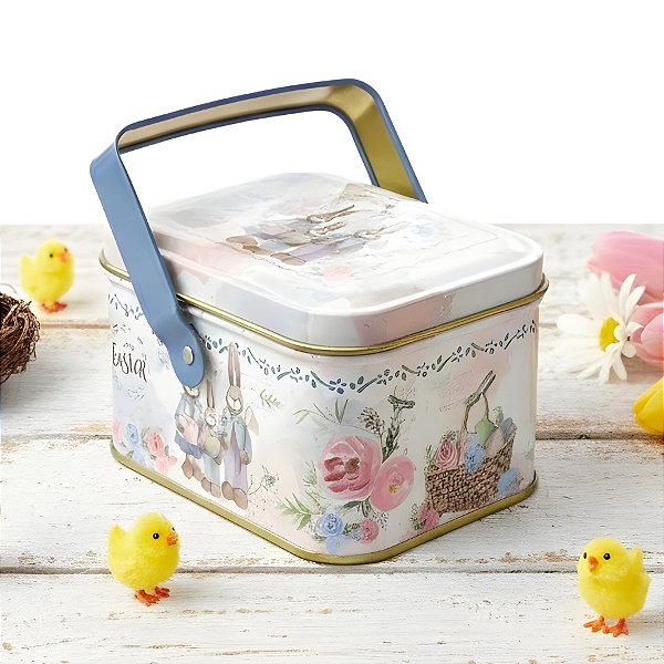 Lata de Metal Retangular com Alça de Páscoa - Família de Coelhinhos - 10,5x8x6cm - 1 unidade - Rizzo