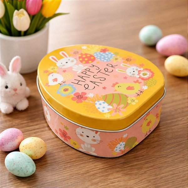 Lata de Metal Ovo de Páscoa - Happy Easter Amarelo e Rosa - 11,5x9x4,5cm - 1 unidade - Rizzo
