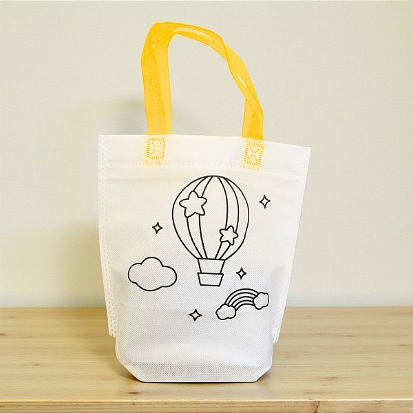 Sacola de Microfibra com Estampa Para Colorir - Balão - Alça Amarela - 21,5x24x5x9cm  - 6 unidades - Rizzo