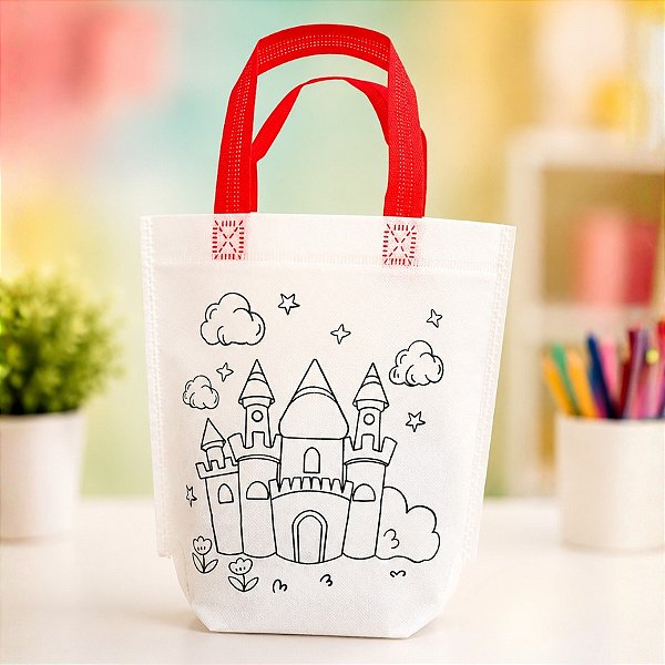 Sacola de Microfibra com Estampa Para Colorir - Castelo - Alça Sortida - 21,5x24x5x9cm  - 6 unidades - Rizzo