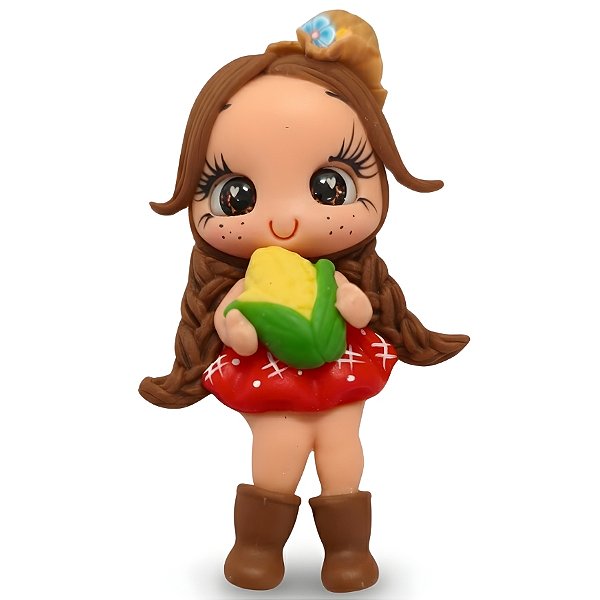 Boneca Caipira Menina em Biscuit - Menina do Campo com Milho - 8cm - 1 unidade - Rizzo