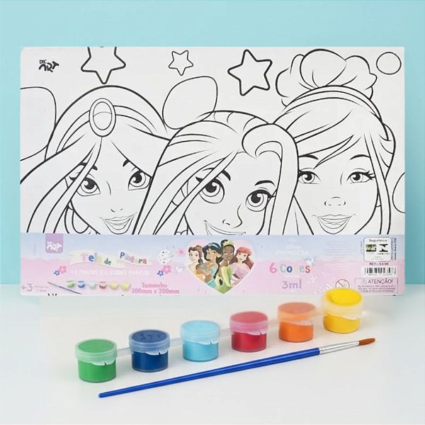 Conjunto Tela de Pintura com Guache e Pincel - Princesas - 30x20cm - Disney Original - 1 unidade - Rizzo