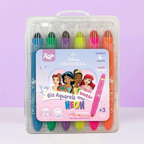 Giz Aquarela Neon Bastão - Princesas - 6 Cores - Disney Original - 1 unidade - Rizzo