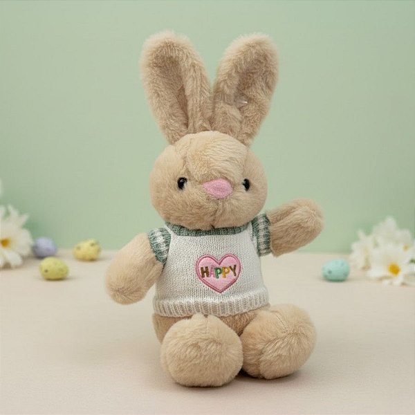 Coelho de Pelúcia Bege com Blusa Happy - Branco e Verde - 38,5x24x14cm - 1 unidade - Rizzo