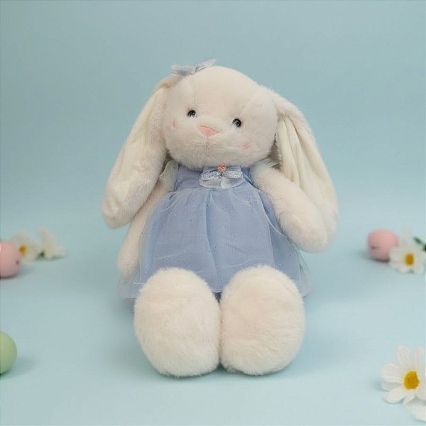 Coelho de Pelúcia Branco de Vestido - Azul - 62x30x17cm - 1 unidade - Rizzo