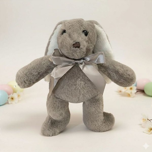 Coelho de Pelúcia Cinza Escuro com Laço - 27x25x8cm - 1 unidade - Rizzo