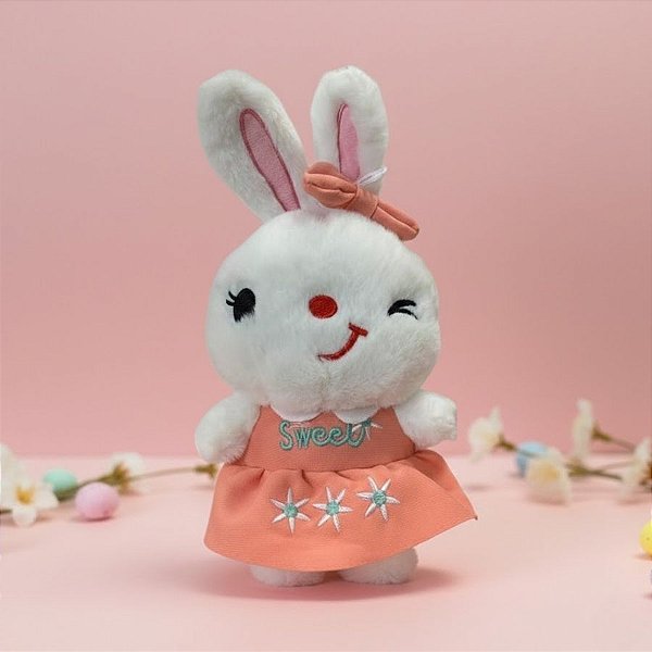 Coelho de Pelúcia Branco de Vestido Sweet - Rosa - 26,5x13x7,5cm - 1 unidade - Rizzo