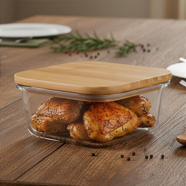 Pote de Vidro Borosilicato Hermético com Tampa de Bambu - 13x13x6cm - 800ml - 1 unidade - Cromus - Rizzo
