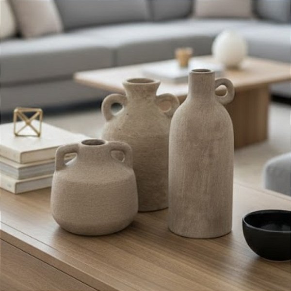 Kit Vasos Decorativos Orgânicos de Cerâmica - Cinza Claro - 3 peças - 23,5x17x11cm - 1 unidade - Cromus - Rizzo