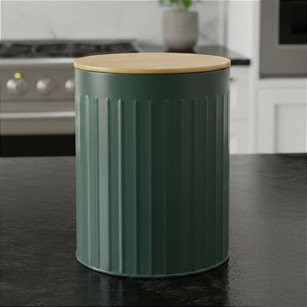 Pote Organizador de Metal com Tampa de Bambu - Verde - 13x13x13cm - 1 unidade - Cromus - Rizzo