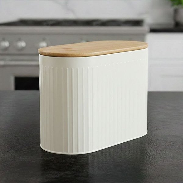 Pote Organizador de Metal com Tampa de Bambu - Bege - 33,5x21x18,5cm - 1 unidade - Cromus - Rizzo