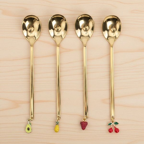Kit Colher de Chá Dourado - Aço Inox - Pingente Frutas - 4 Peças - 1 unidade - Cromus - Rizzo