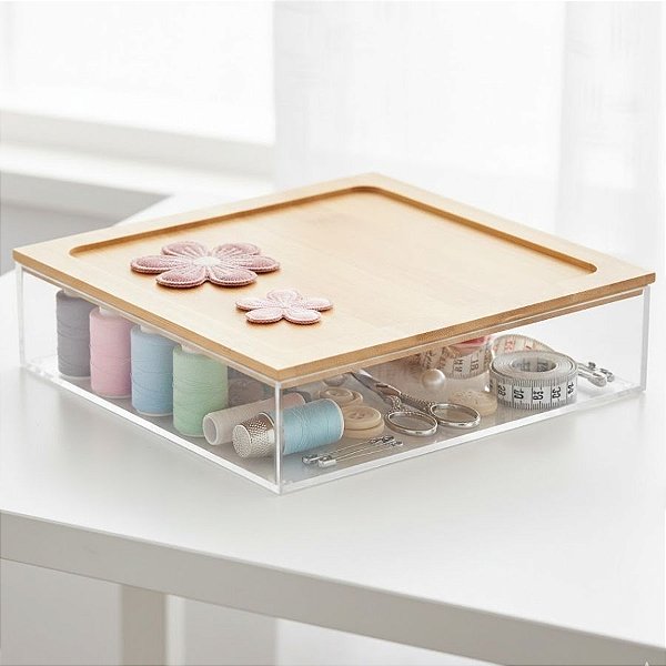 Caixa Acrílica com Tampa de Bambu - 19x19x5cm - 1 unidade - Cromus - Rizzo