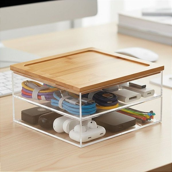 Caixa Organizador Duplo - Acrílico com Tampa de Bambu - 19x19x10cm - 1 unidade - Cromus - Rizzo
