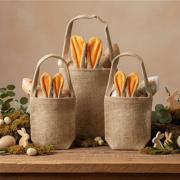 Sacola de Juta de Páscoa com Orelha Laranja Claro Poá Branco - 1 unidade - EcoArt  - Rizzo