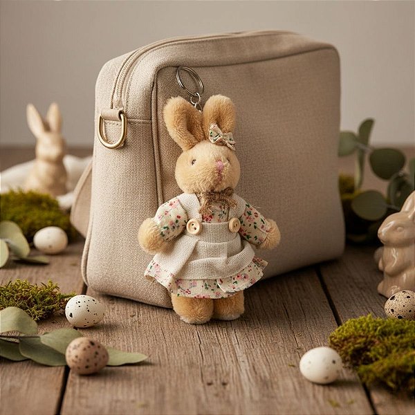 Chaveiro Coelho de Pelúcia Bege de Vestido - Flores - 14x7x3cm - 1 unidade - Rizzo