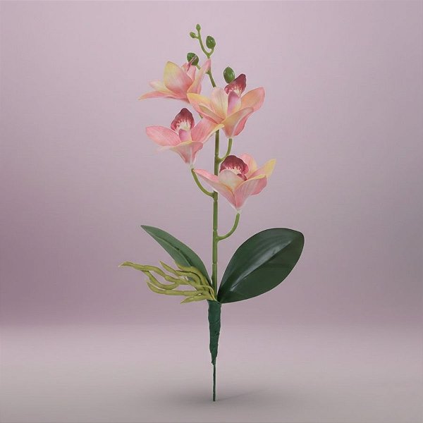Haste Flor Permanente - Orquídea Cymbidium com Folha - Rosa - 36cm  - 1 unidade - Cromus - Rizzo