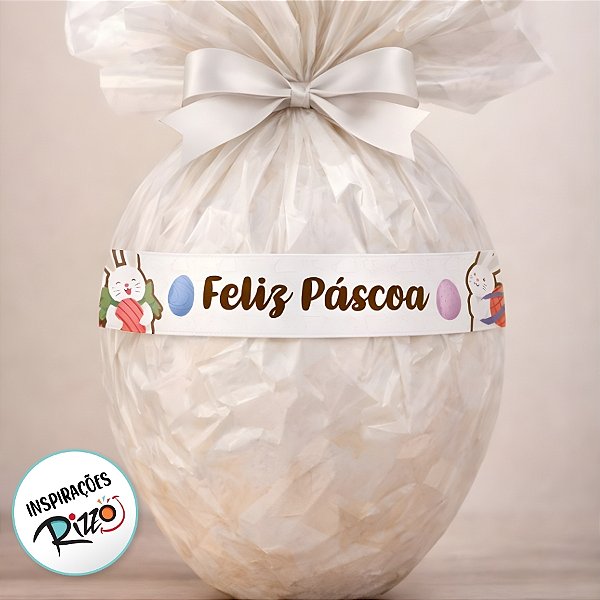 Fita de Cetim 22mm x 10m - Feliz Páscoa Coelhos e Cenoura Branco - ECF005TR Cor 235 - Rolo 10m - 1 unidade - Fitas Progr
