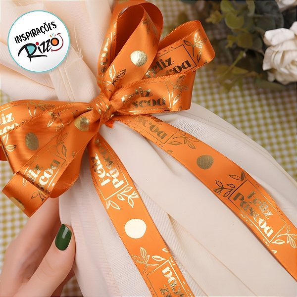 Fita de Cetim 22mm x 10m - Feliz Páscoa Gold Laranja - ECF005H Cor 1108 - Rolo 10m - 1 unidade - Fitas Progresso - Rizzo