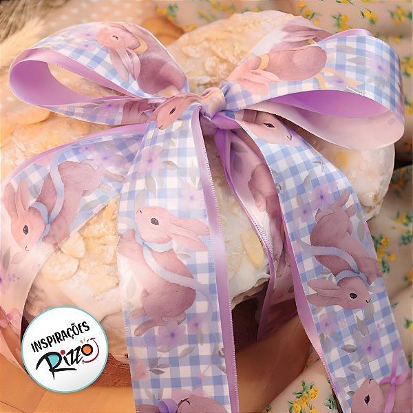 Fita de Cetim 15mm x 10m - Coelhos com Laços Xadrez Azul - ECF003TR Cor 102 - Rolo 10m - 1 unidade - Fitas Progresso - R