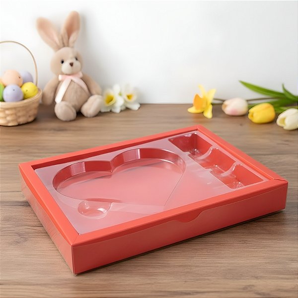 Caixa Meio Ovo Coração Plano com 3 Docinhos - Vermelho - 20,5x13,5x2cm - 5 unidades - Crystal - Rizzo